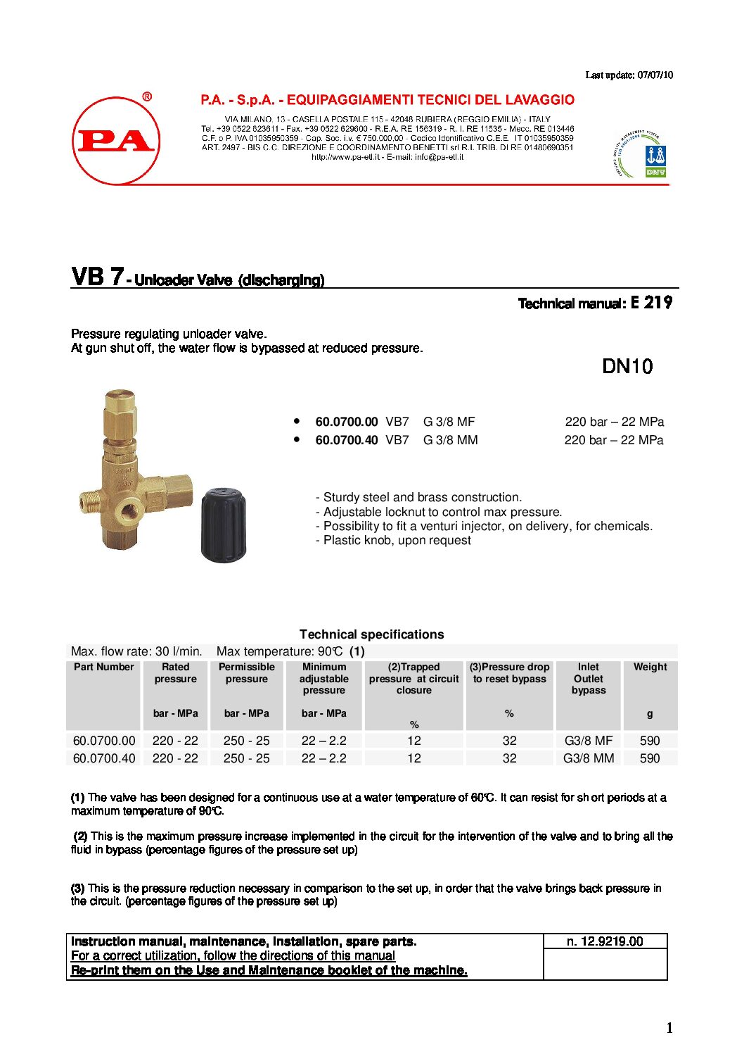 PA VB7 Direct Mount Unloader Valves